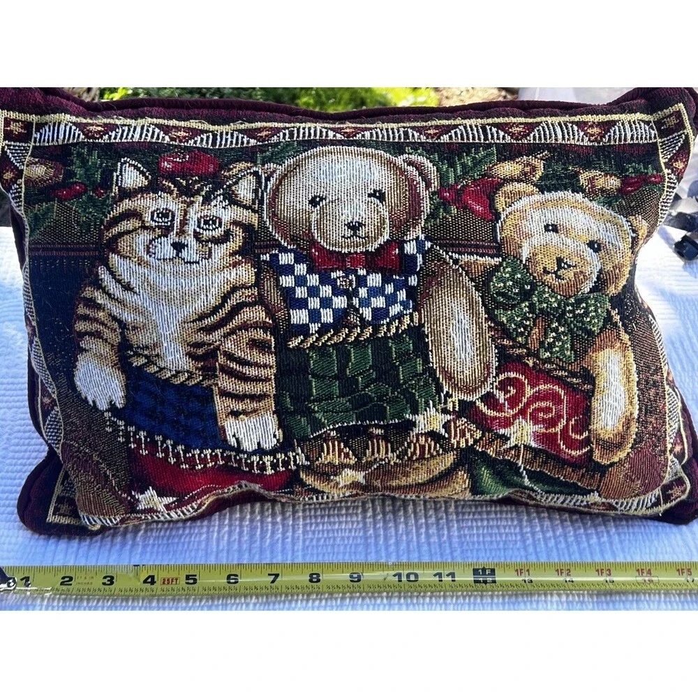 Vintage 1990s Teddy Bear Dog Cat Tapestry Throw Pillow Velvet Cottage Decor